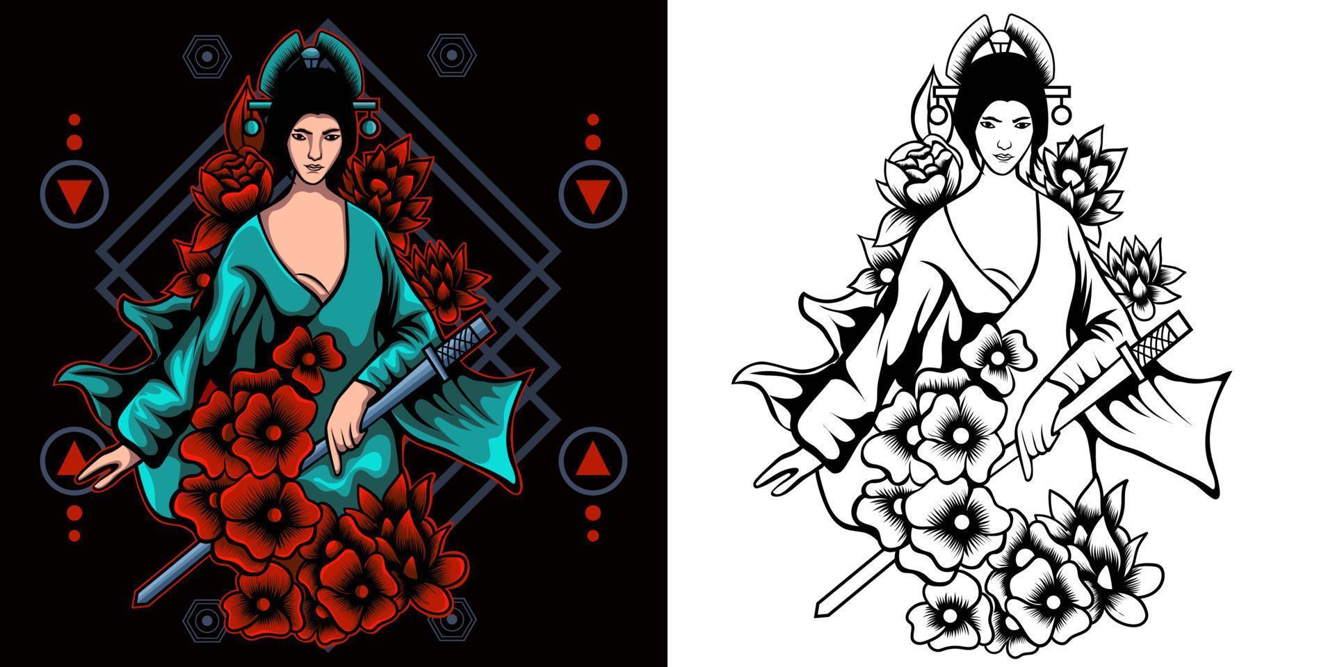 geisha sosteniendo katana con rosas alrededor vector