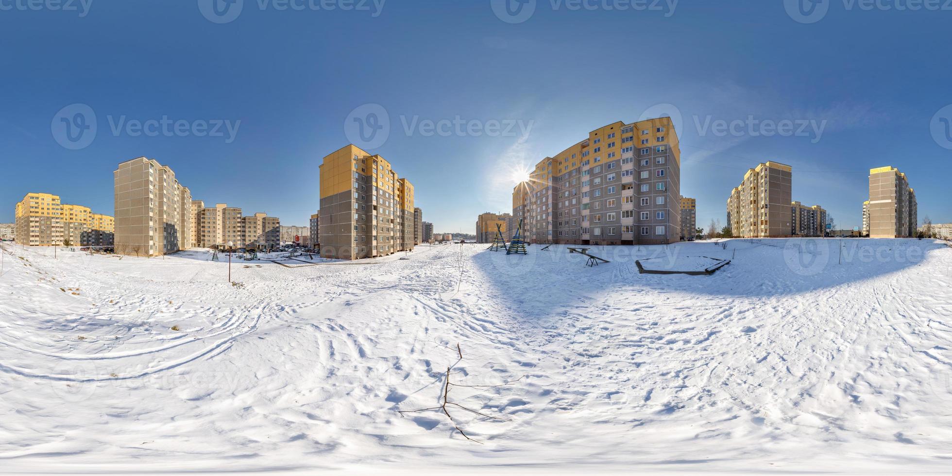 360 panorama high-rise building area urban development residential quarter in winter sunny day. Full 360 degree angle view seamless panorama in equirectangular spherical projection. vr ar content photo