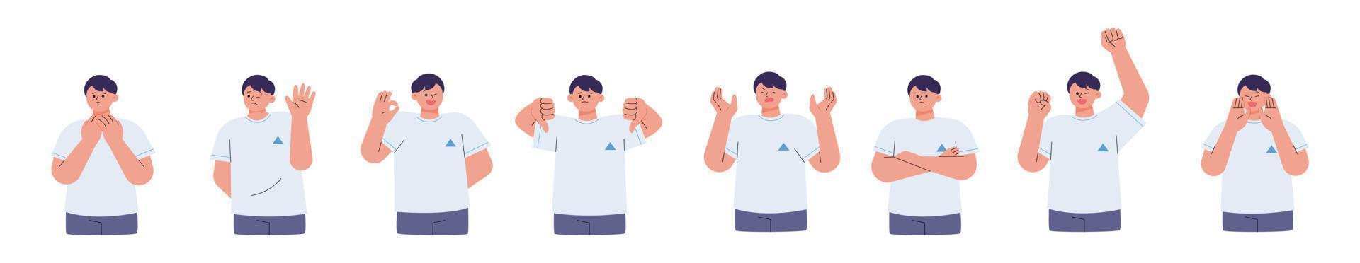 A cute boy is expressing his emotions by performing various movements. vector