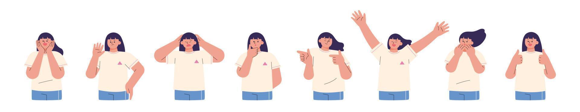 A cute little girl is doing various movements and expressing her emotions. vector