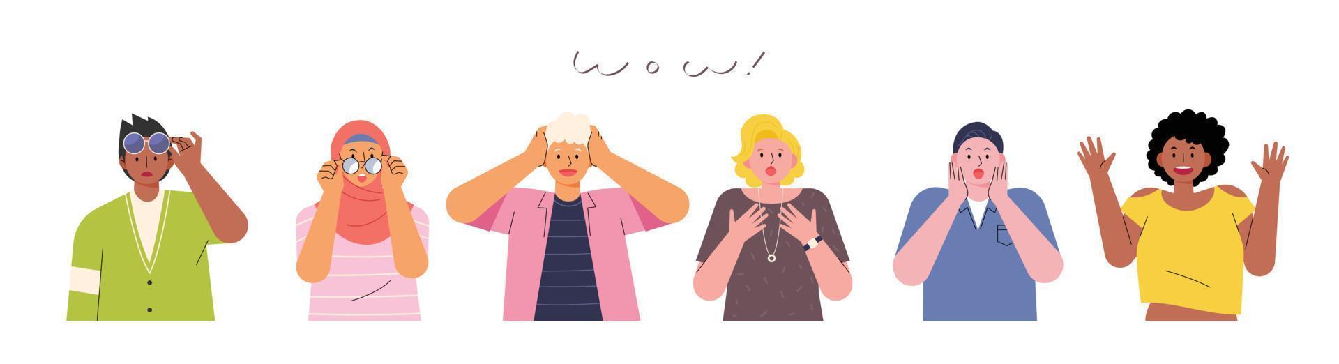 People of different races and styles looking straight ahead with surprised faces and gestures. vector