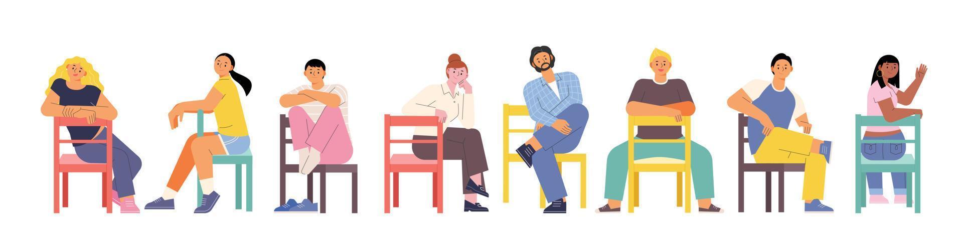 Different styles of people sitting on chairs in different postures. flat design style vector illustration.