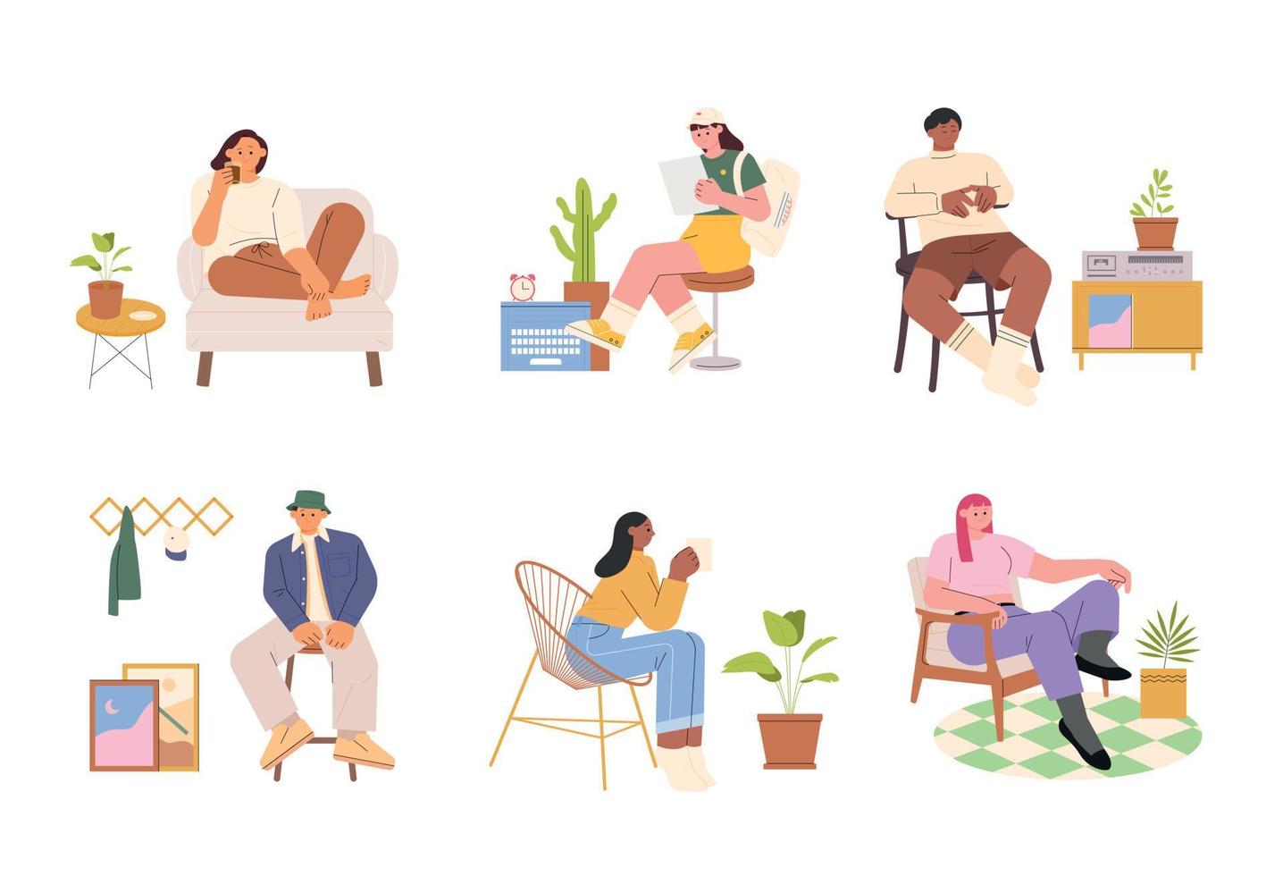 People of different styles are sitting and resting on chairs of different styles. vector