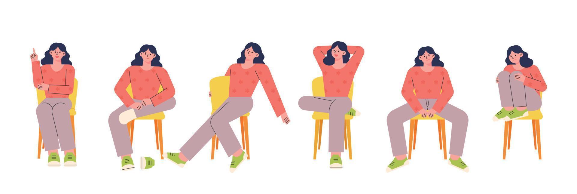 varias posturas de una mujer sentada en una silla. ilustración vectorial de estilo de diseño plano. vector