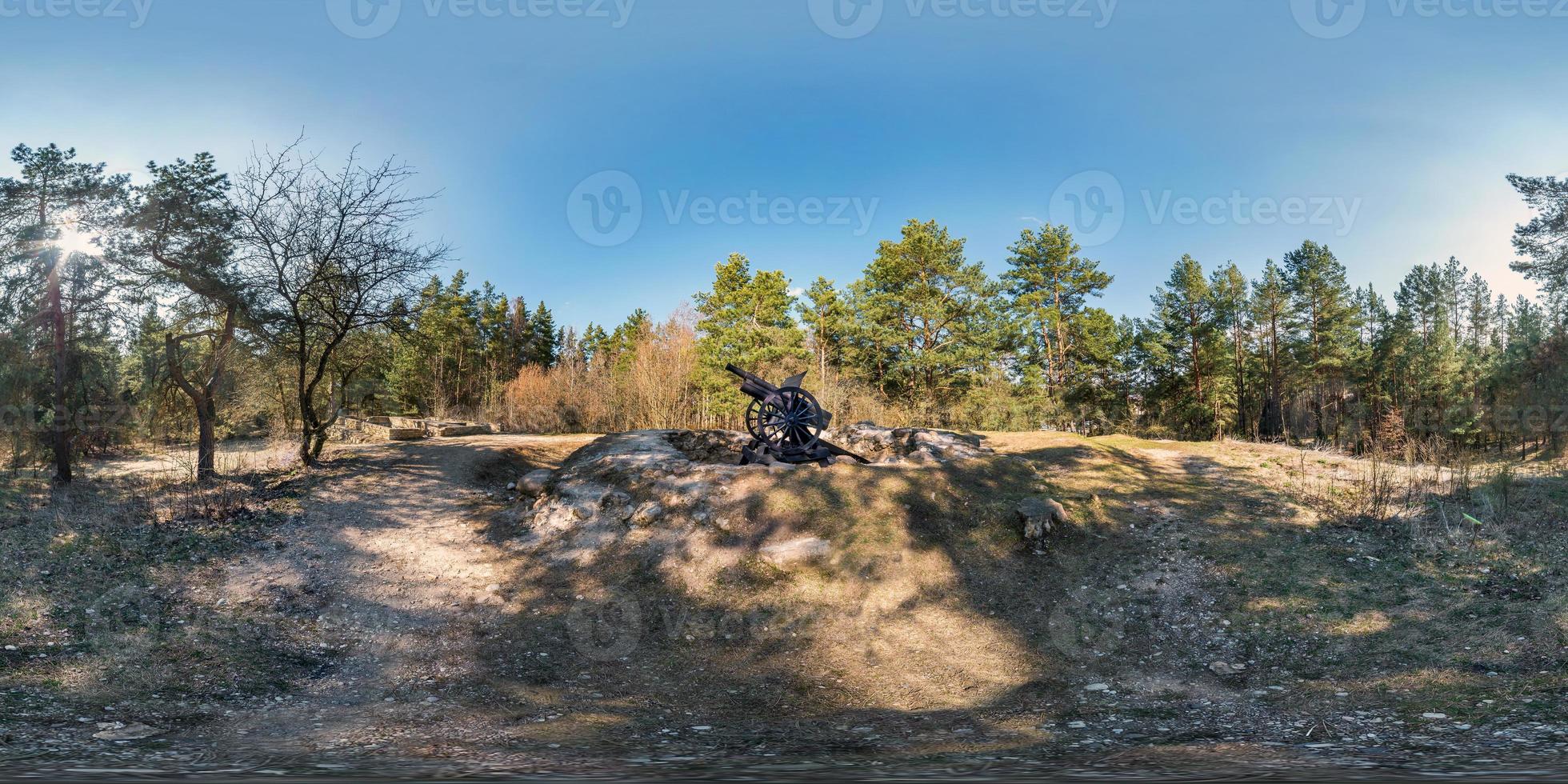 full spherical hdri panorama 360 degrees angle view on gravel pedestrian footpath and bicycle lane path in pinery forest near First World War cannon in equirectangular projection. VR AR content photo