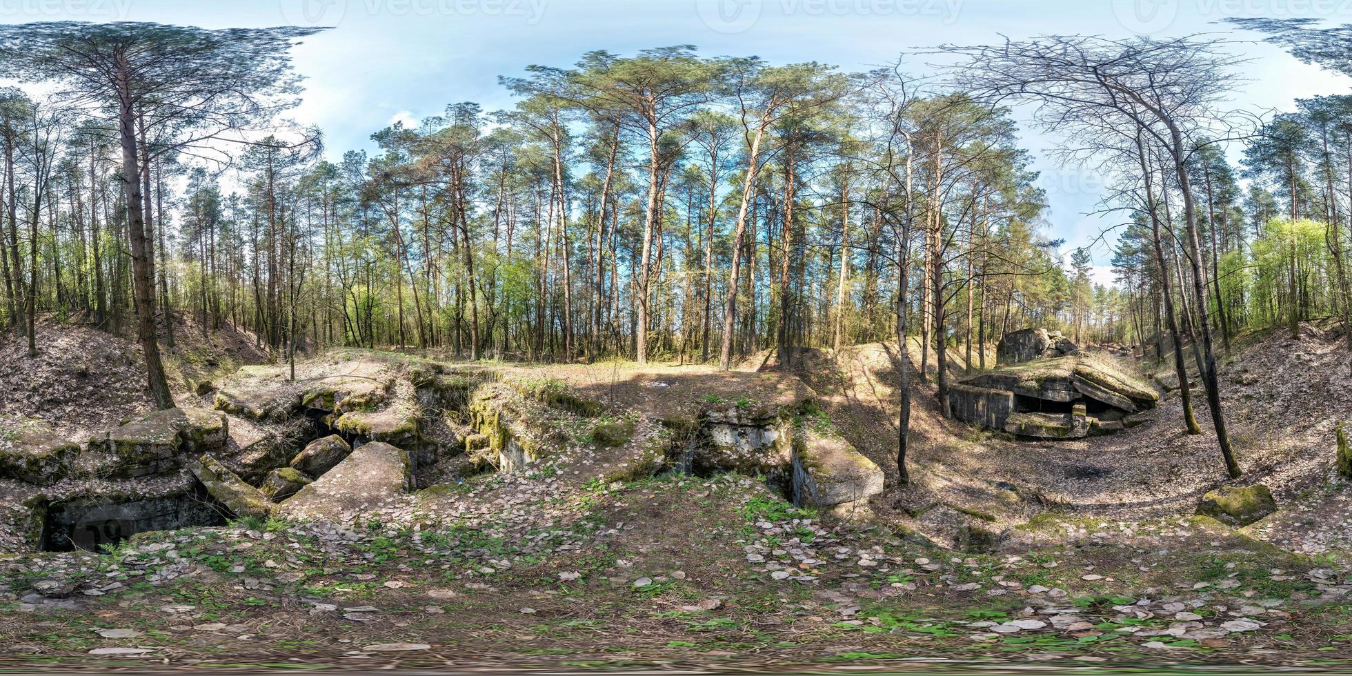 full seamless spherical panorama 360 degrees angle view ruined abandoned military fortress of the First World War in pine forest in equirectangular projection, VR AR content photo