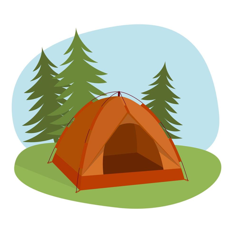 Tourist camping tent, against the background of trees. Travel and adventure concept. vector