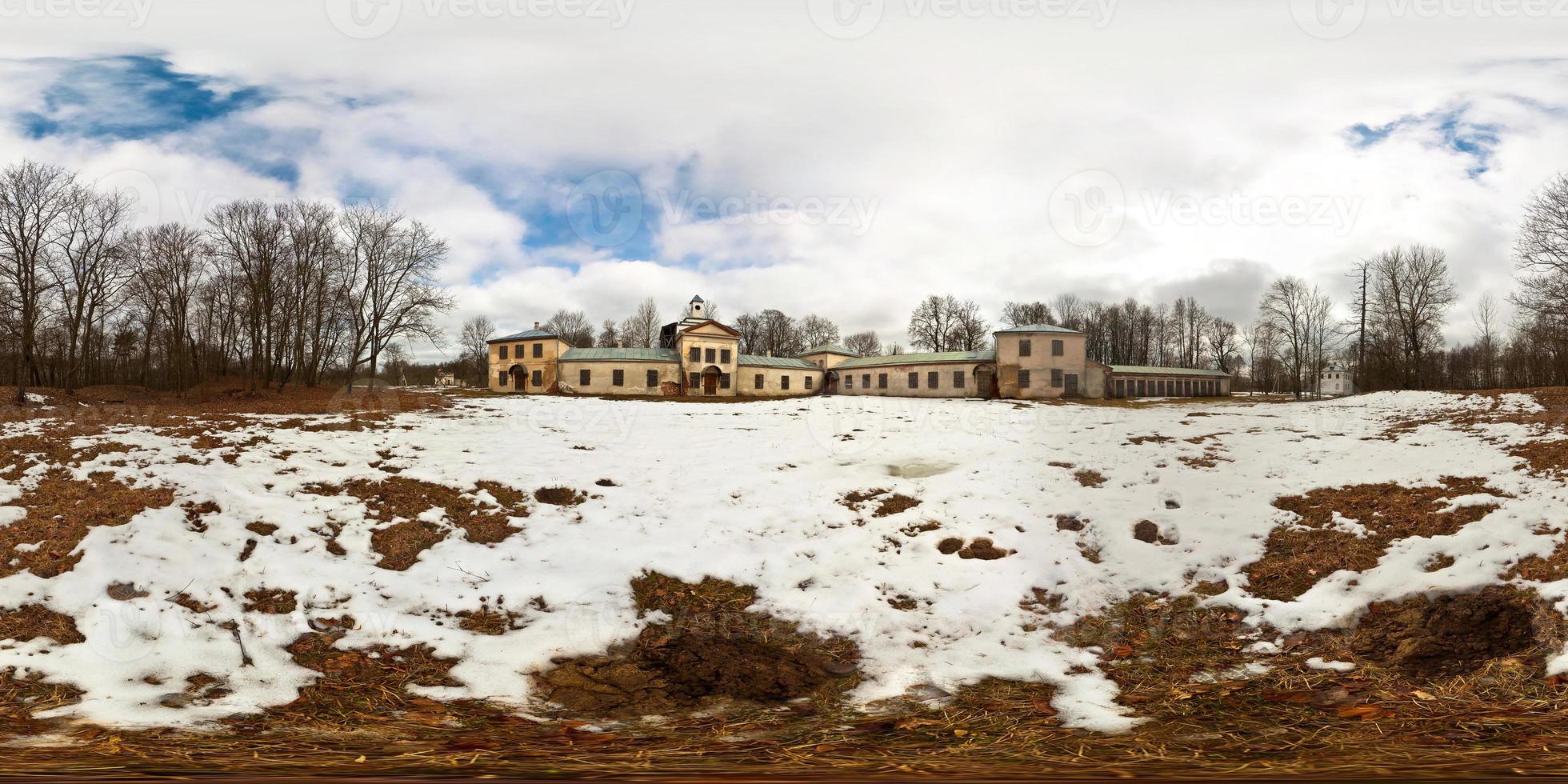 360 panorama view near country estate homestead in winter day. Full 360 by 180 degrees seamless panorama  in equirectangular spherical projection. skybox for VR AR content photo