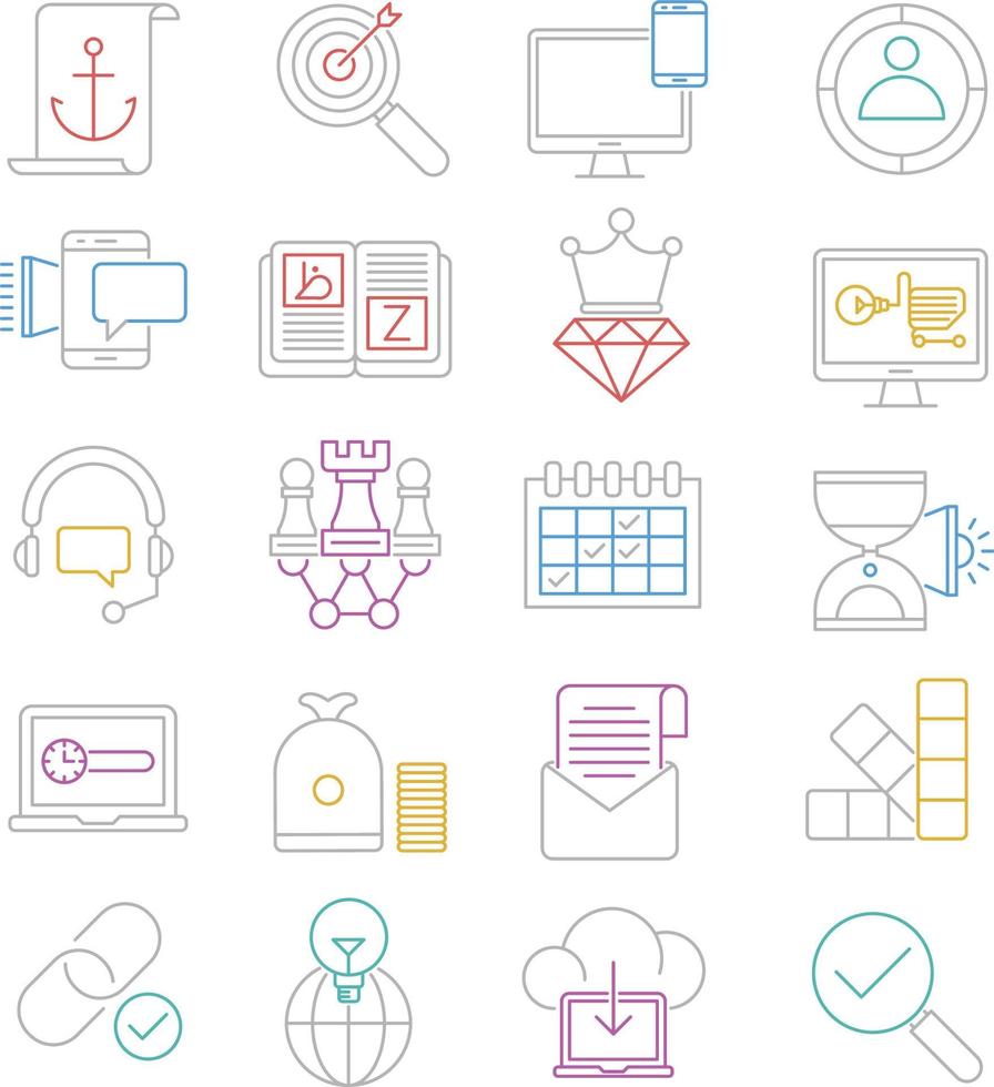 conjunto de iconos de línea delgada de iconos de optimización de motores de búsqueda, paquete de pictogramas de línea mono simple, concepto de logotipo vectorial, gráfico web. iconos vectoriales vector