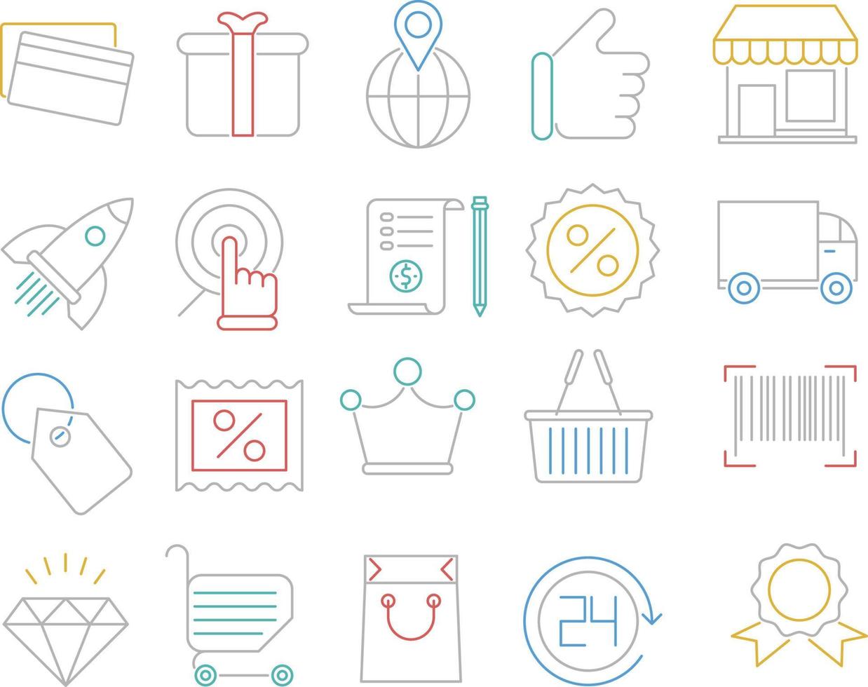 conjunto de iconos vectoriales relacionados con las compras y el comercio minorista. vector