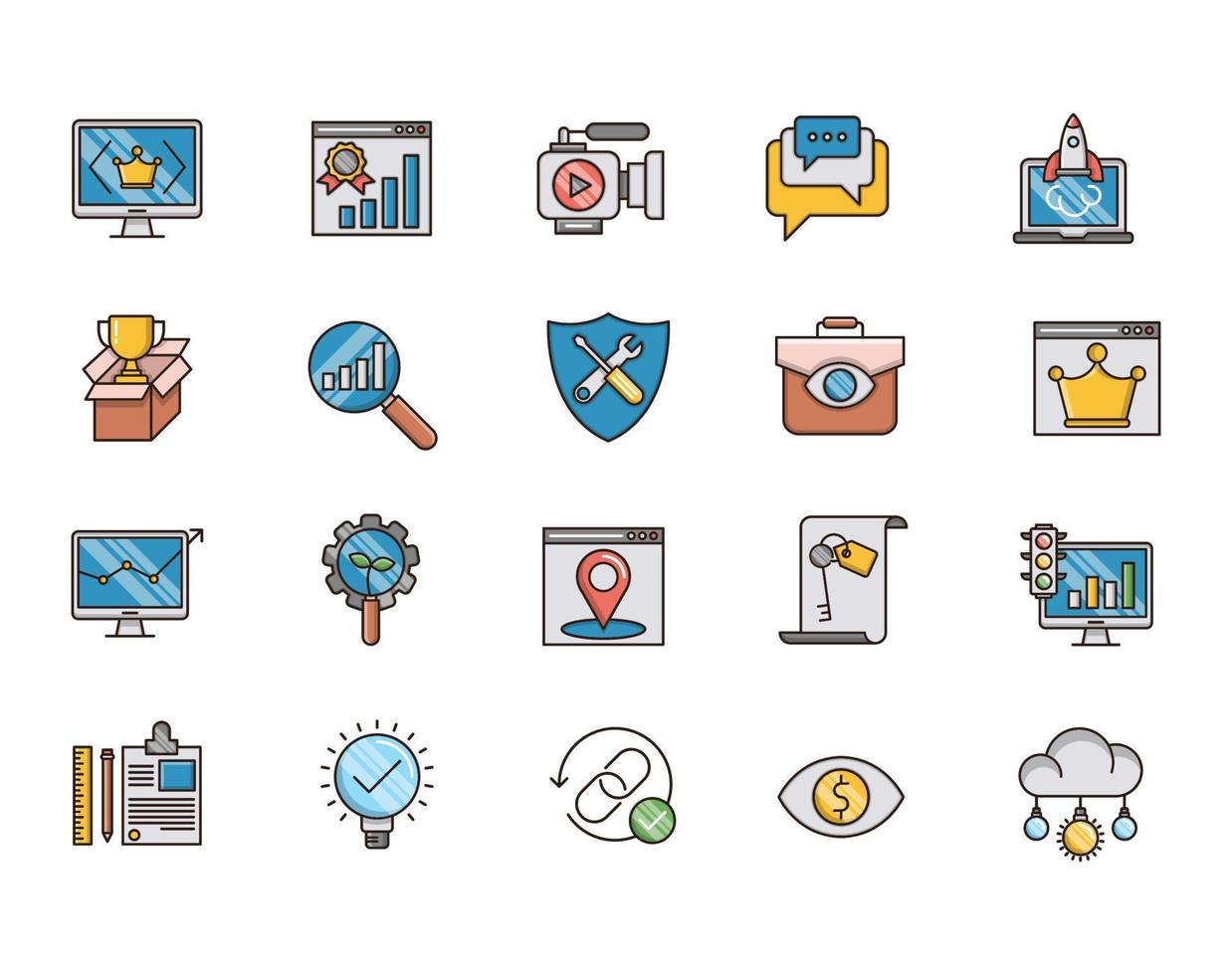 conjunto de iconos de contorno llenos de iconos de optimización de motores de búsqueda, paquete de pictogramas de línea mono simple, concepto de logotipo vectorial, gráfico web. iconos vectoriales vector