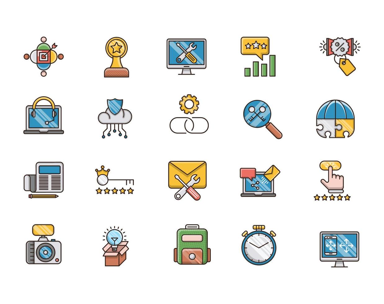 conjunto de iconos de contorno llenos de iconos de optimización de motores de búsqueda, paquete de pictogramas de línea mono simple, concepto de logotipo vectorial, gráfico web. iconos vectoriales vector