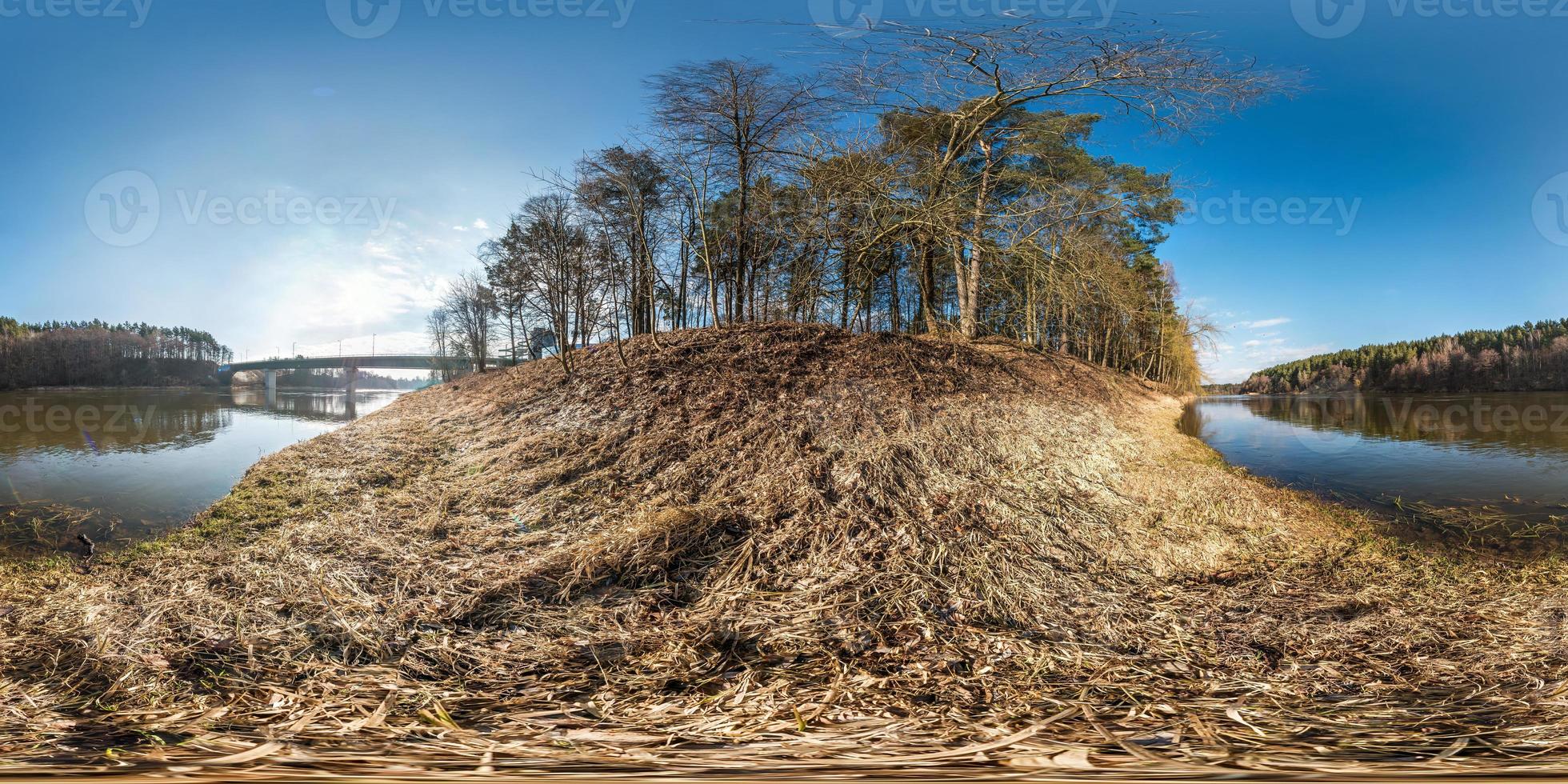 full seamless spherical panorama 360 degrees angle view on the shore of width river neman near bridge in sunny morning in equirectangular projection, ready VR AR virtual reality content photo