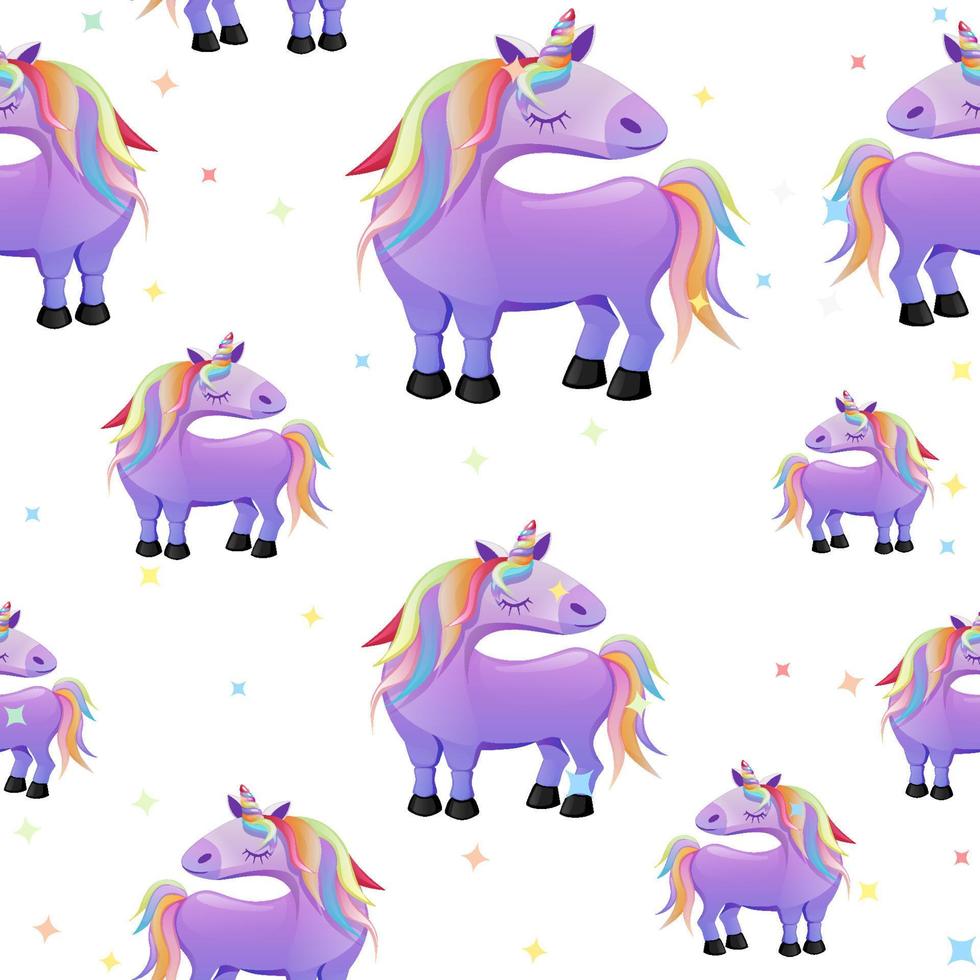 patrón impecable con unicornios de dibujos animados, fondo blanco con estrellas para papel tapiz. vector