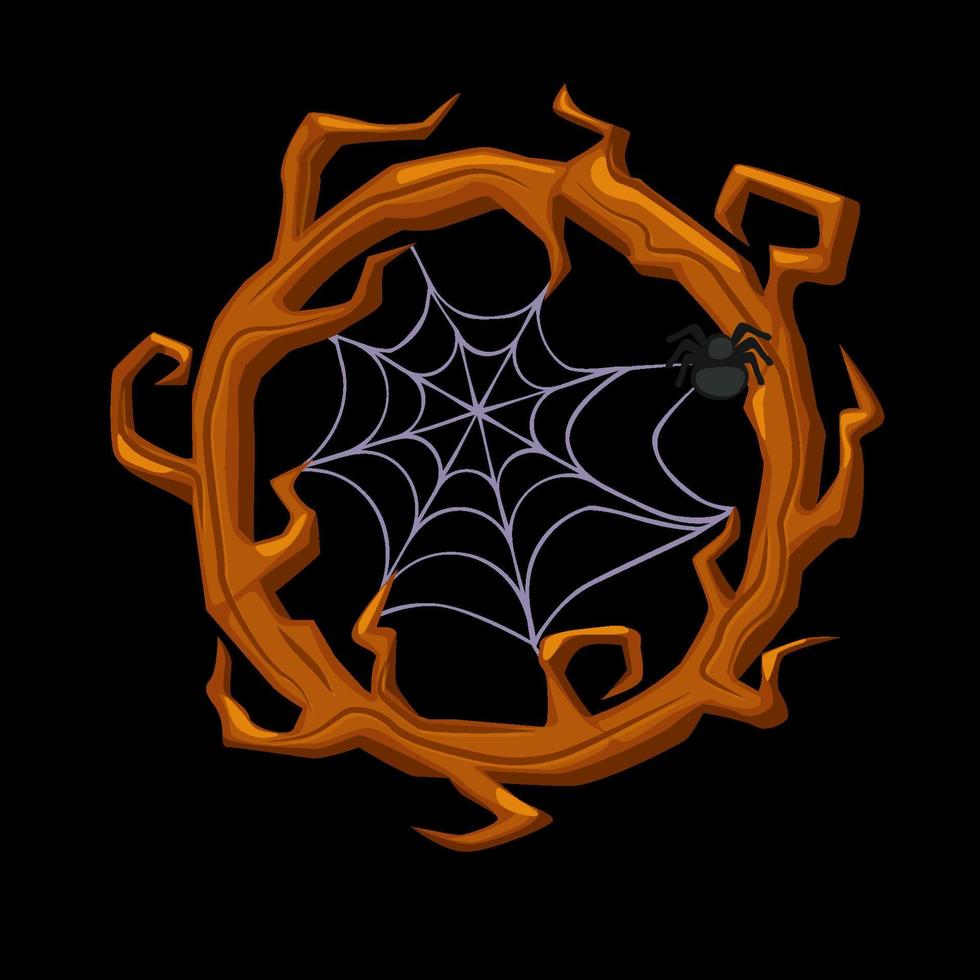 Old wooden frame with spider, wreath branches for ui games. Vector illustration scary wooden frame with spider web for Halloween.