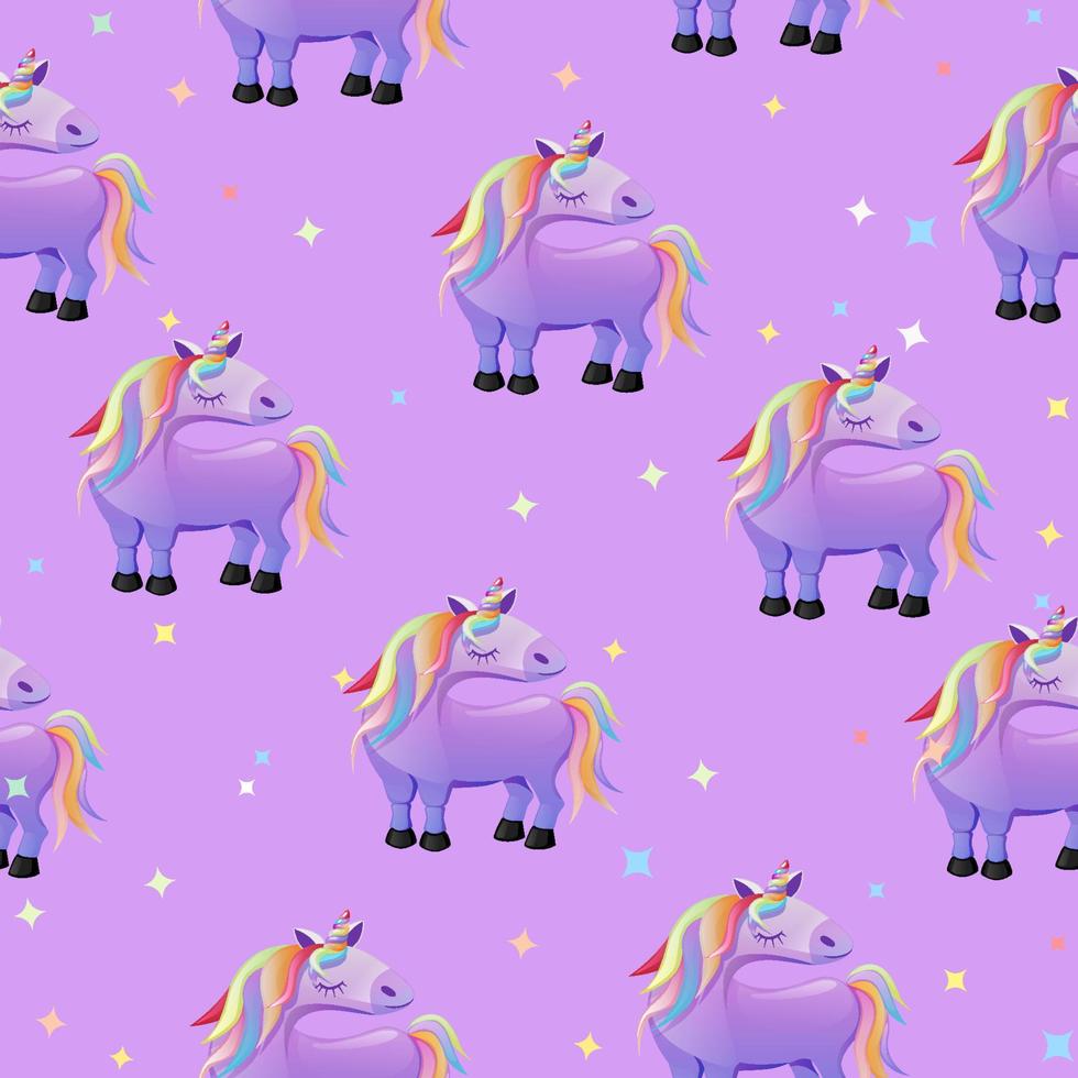 Seamless pattern with cartoon unicorns, purple texture for wallpaper. Vector illustration childish cute background, design interface.