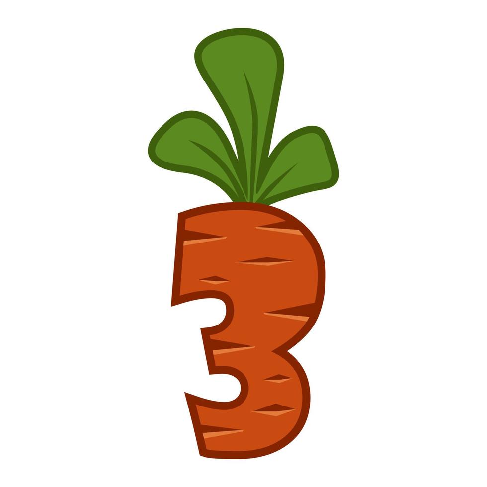 Cartoon carrot number Three font kids number. Orange Figure 3. vector