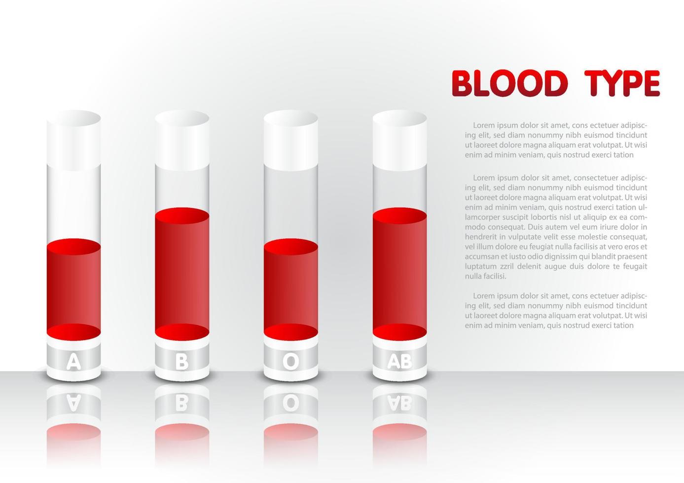 varios tipos de sangre humana en tubo de vidrio sobre suelo brillante con reflejos y textos de ejemplo sobre fondo de pared degradado blanco vector