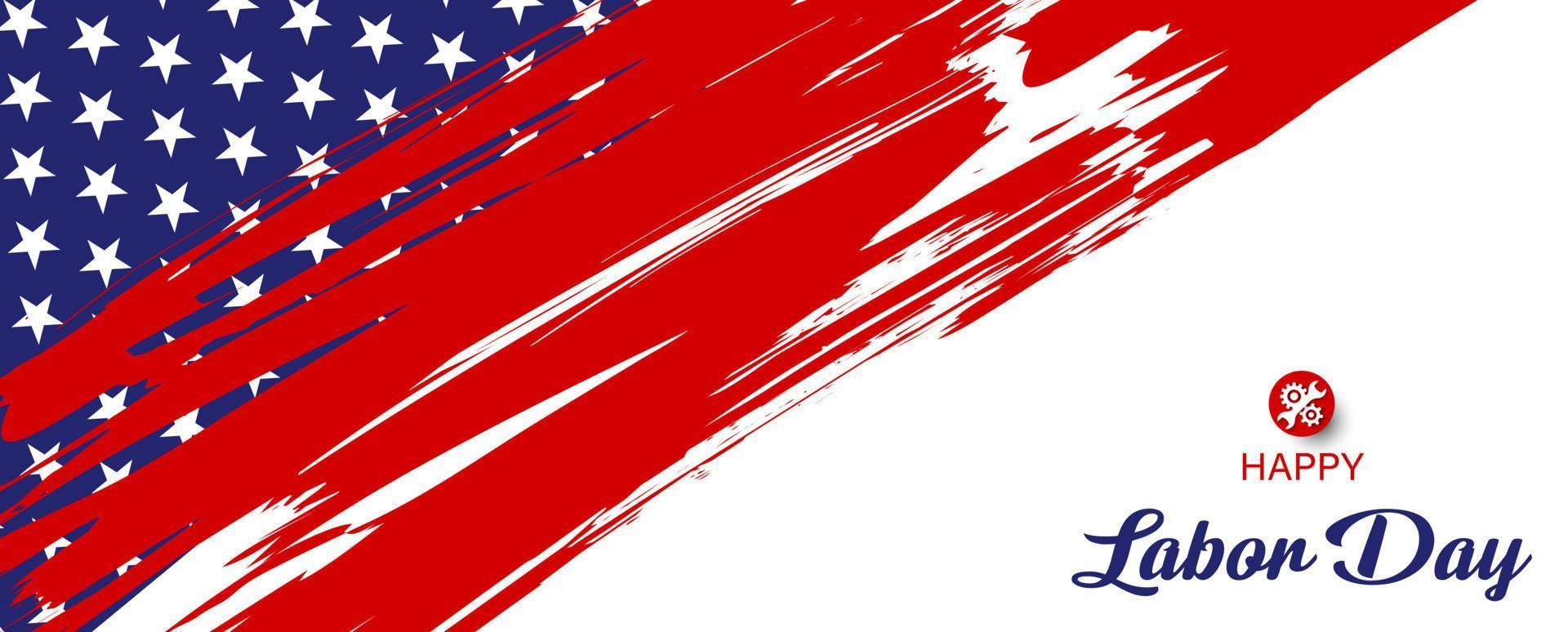 Image of The USA. flag in brush stroke shape with Happy Labor Day lettering and industry tools' symbol isolate on white background. The USA labor day card and poster in banner and vector design.