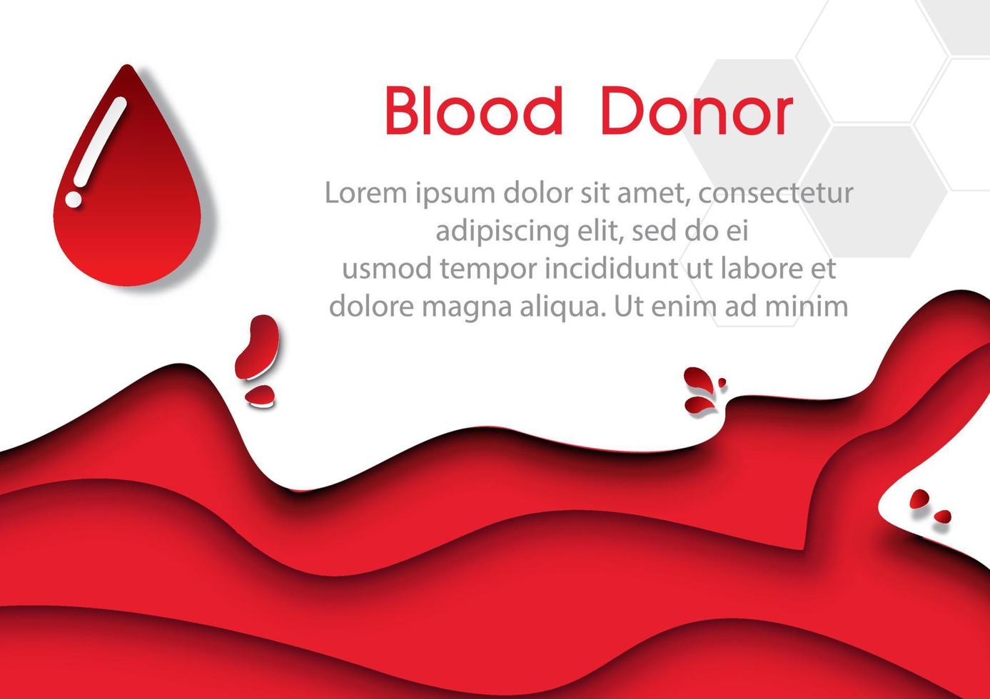 gota de sangre con textos de ejemplo sobre fondo de onda abstracto de capas blancas y rojas. tarjeta y afiche de donante de sangre en diseño vectorial. vector