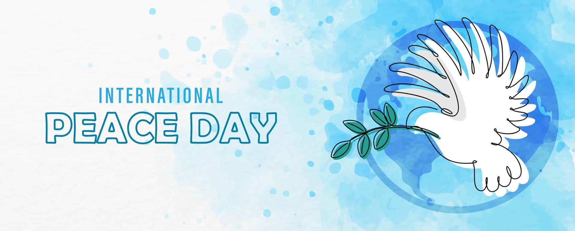Hand draw and one line style in a peace dove shape with the name of event lettering on globe and blue watercolor background. Card and poster campaign in banner and vector design.