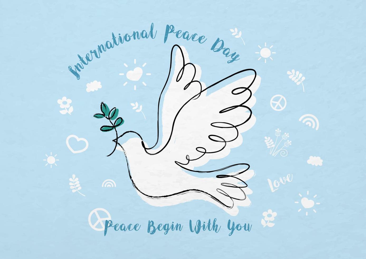 Hand draw and one line style in a peace dove shape with slogan and the name of event lettering on white peace day object pattern and blue background. vector