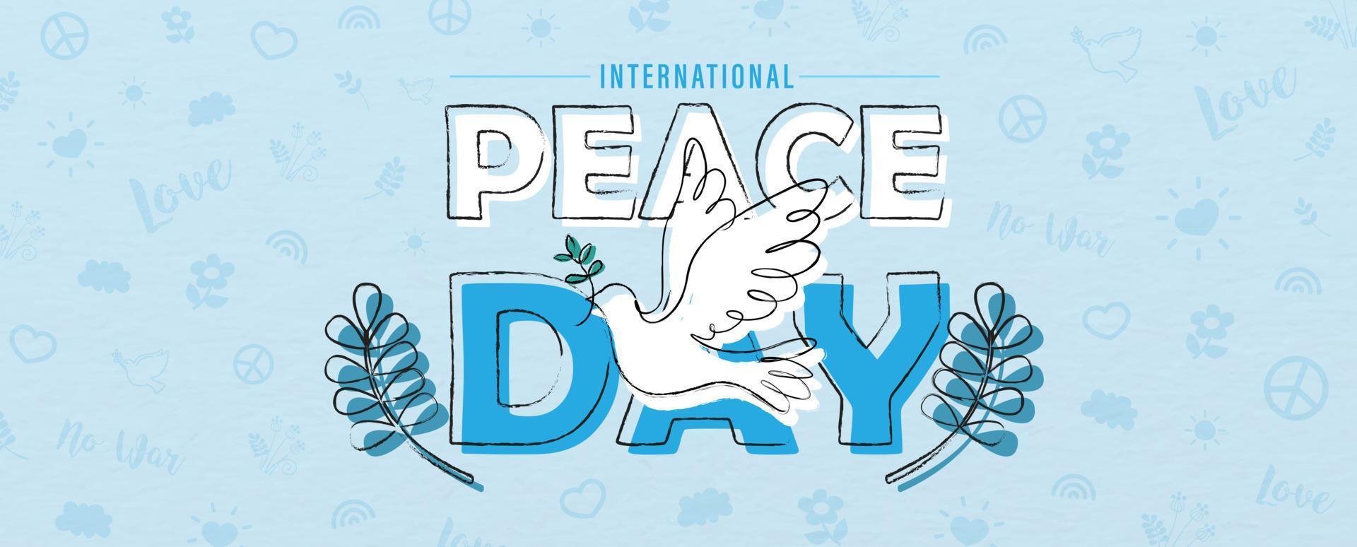 Hand draw and one line style in a peace dove shape on the name of event lettering, olive plants and peace day object pattern and blue background. vector