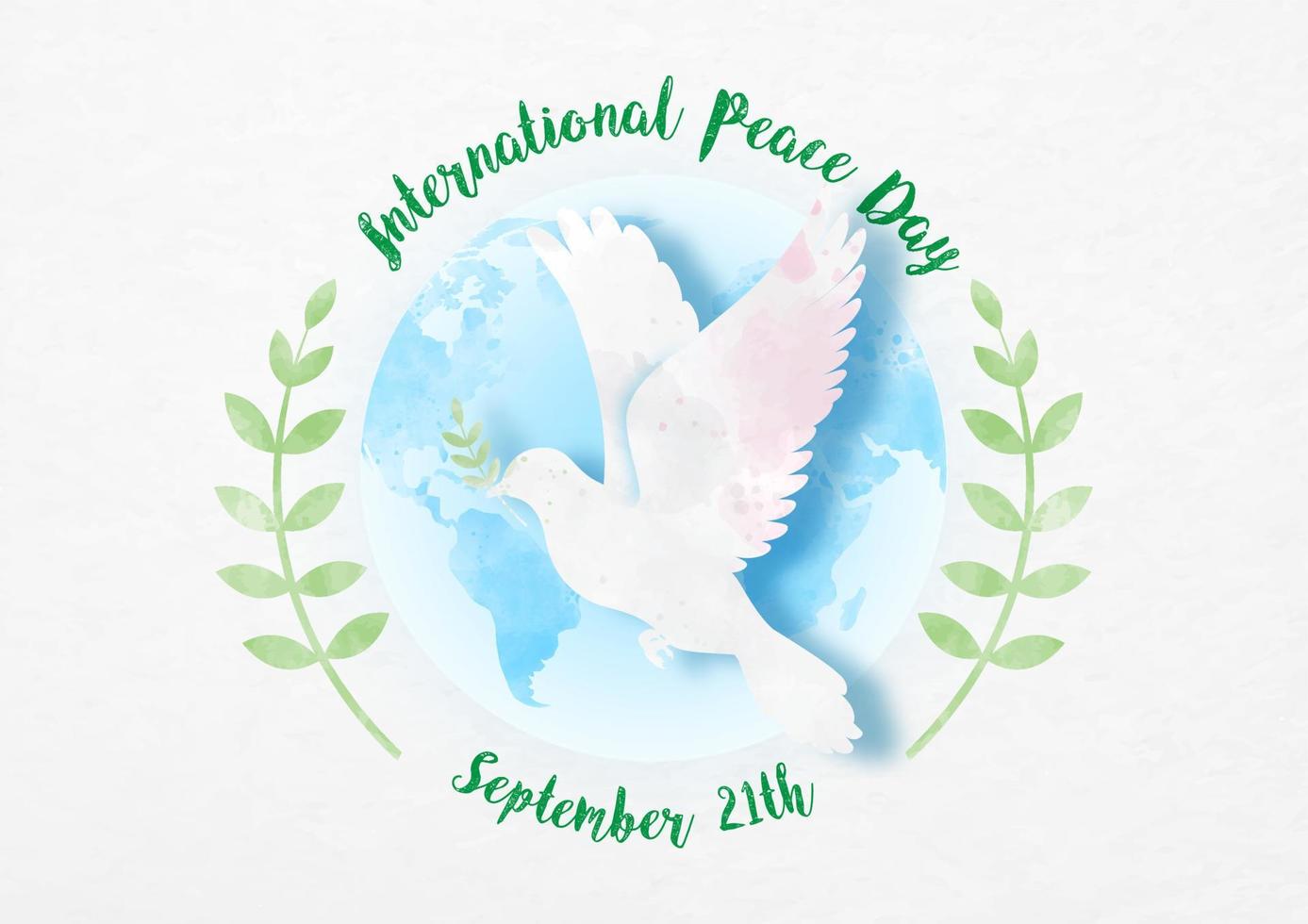 Doves peace with the day and name of campaign on a global and olive branch in paper cut and watercolors style on white paper pattern background. vector