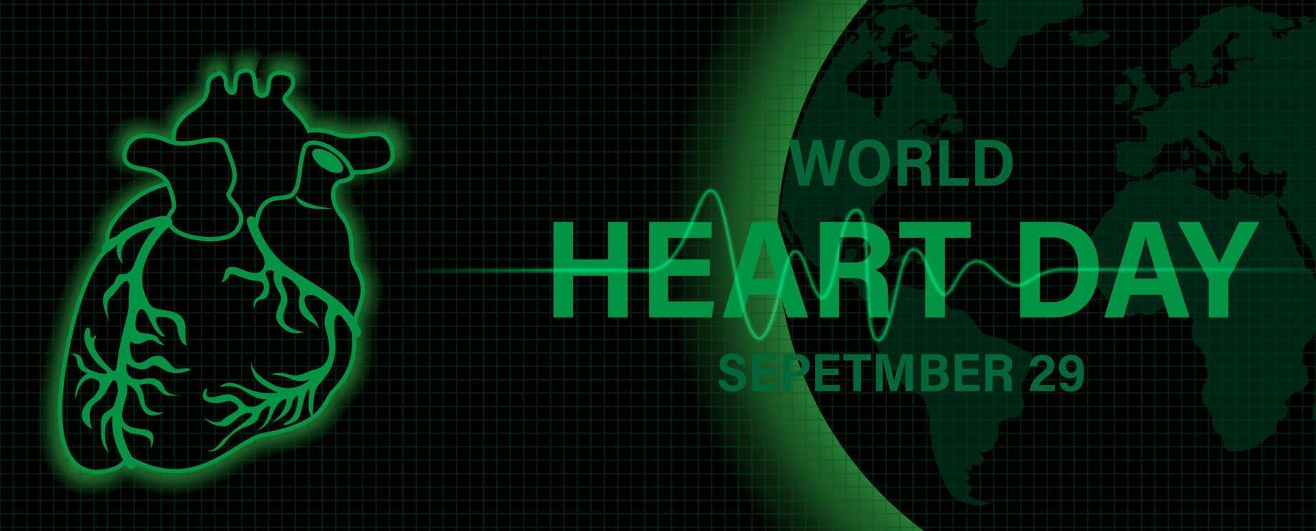 corazón humano con frecuencia cardíaca y el día y el nombre del evento en globo y fondo negro. la campaña de afiches del día mundial del corazón en color monótono verde parece un diseño de monitor de frecuencia cardíaca. vector