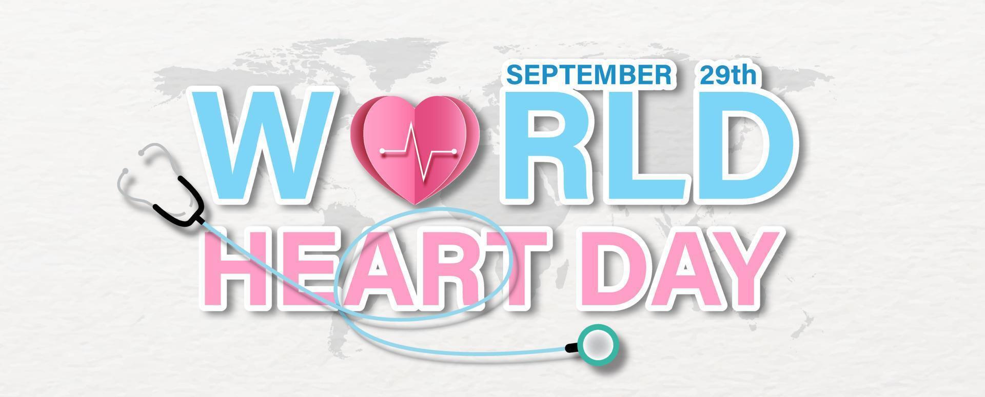 Wording design of World Heart Day with a pink heart in origami paper craft  style and stethoscope on world map and white paper pattern background. vector