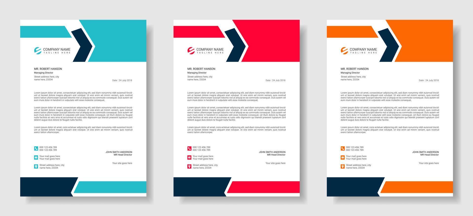 Corporate modern letterhead design template with 3 different colors, creative modern letterhead design, professional minimalist letterhead, abstract, elegant or vector template design