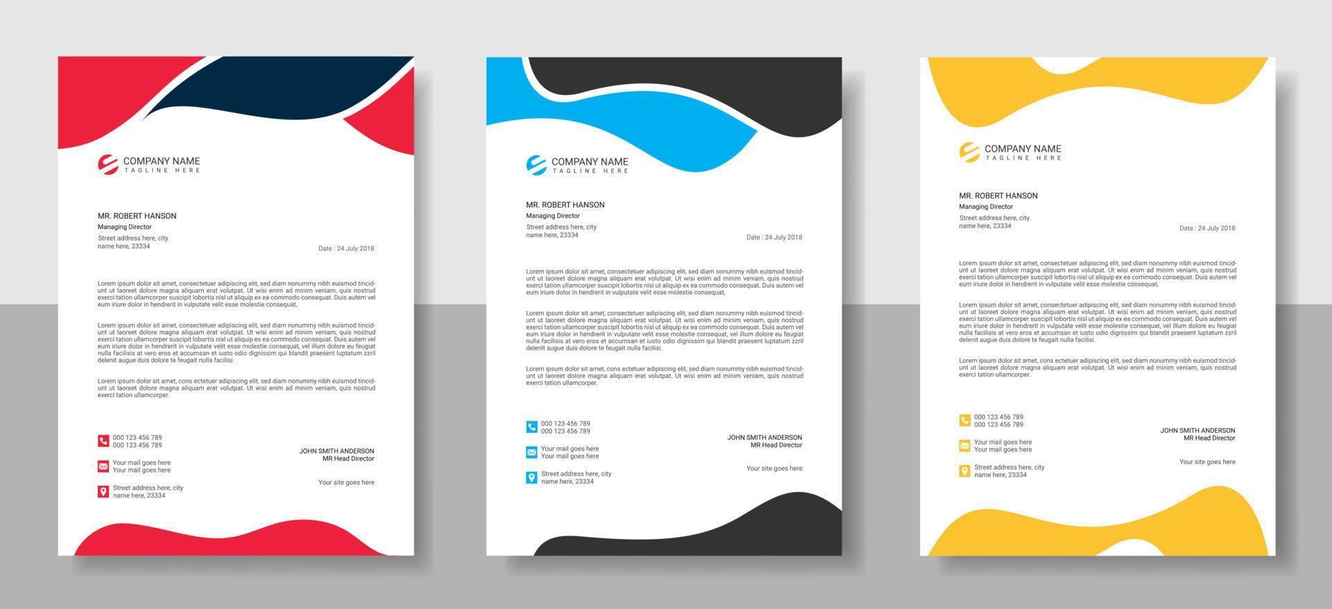 plantilla de diseño de membrete moderno corporativo con 3 colores diferentes, diseño de membrete moderno creativo, membrete minimalista profesional, diseño abstracto, elegante o de plantilla vectorial vector