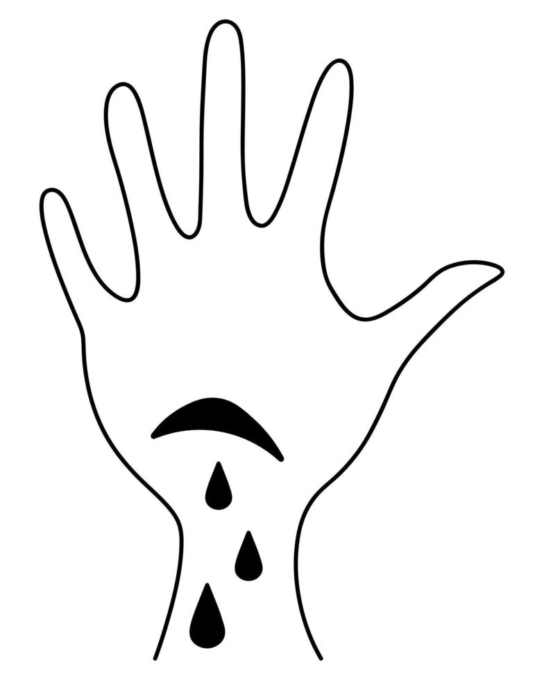 A cut on the palm of the hand. Silhouettes of drops of blood dripping from a wound. Vector illustration. The patient cut himself. Isolated background. Doodle style. Medical theme. Idea for web design