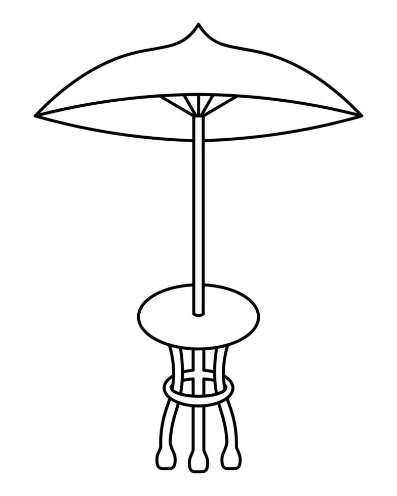 Table with an umbrella. Sketch. Outdoor interior element with protection from rain and sun. Vector illustration. Country table with a round top on three legs. Outdoor furniture.