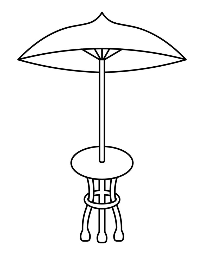 Table with an umbrella. Sketch. Outdoor interior element with protection from rain and sun. Vector illustration. Country table with a round top on three legs. Outdoor furniture.