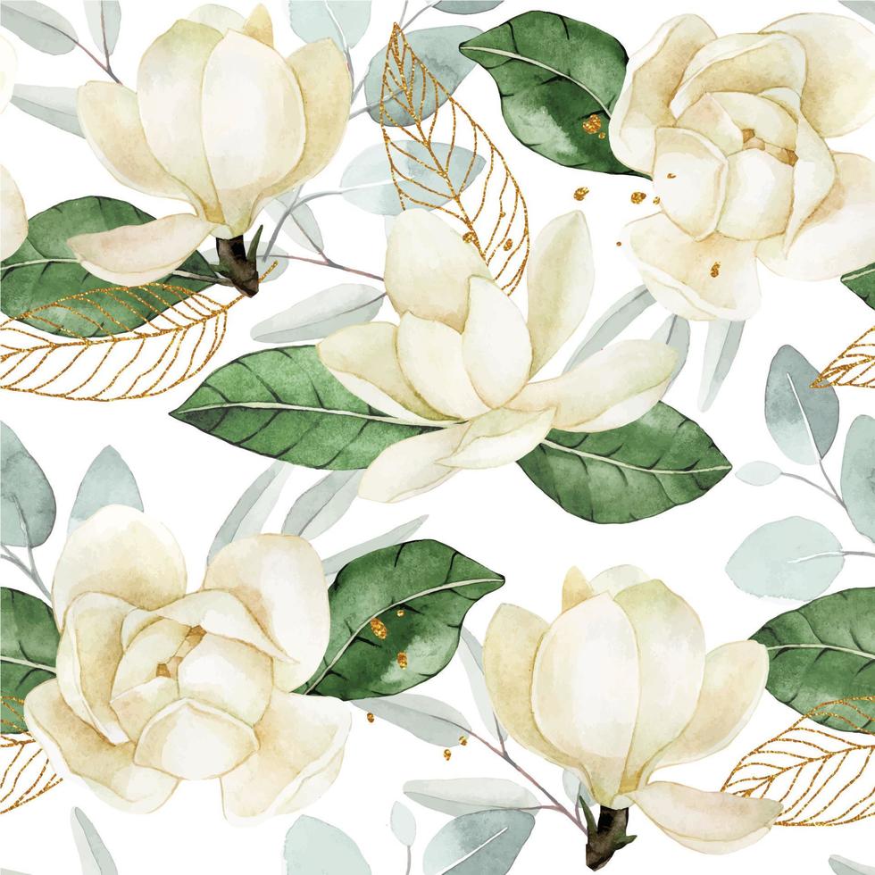 dibujo de acuarela. patrón impecable con flores blancas, hojas y elementos dorados. delicada ilustración con flores de magnolia, hojas de eucalipto, hojas doradas vector