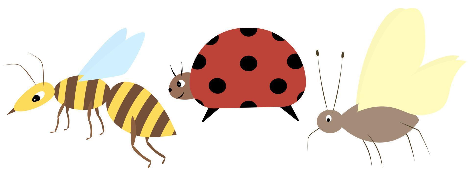 Collection of insects. Wasp, ladybug, mosquito. Colored vector illustration set. Flat style. Winged creatures. Isolated background.