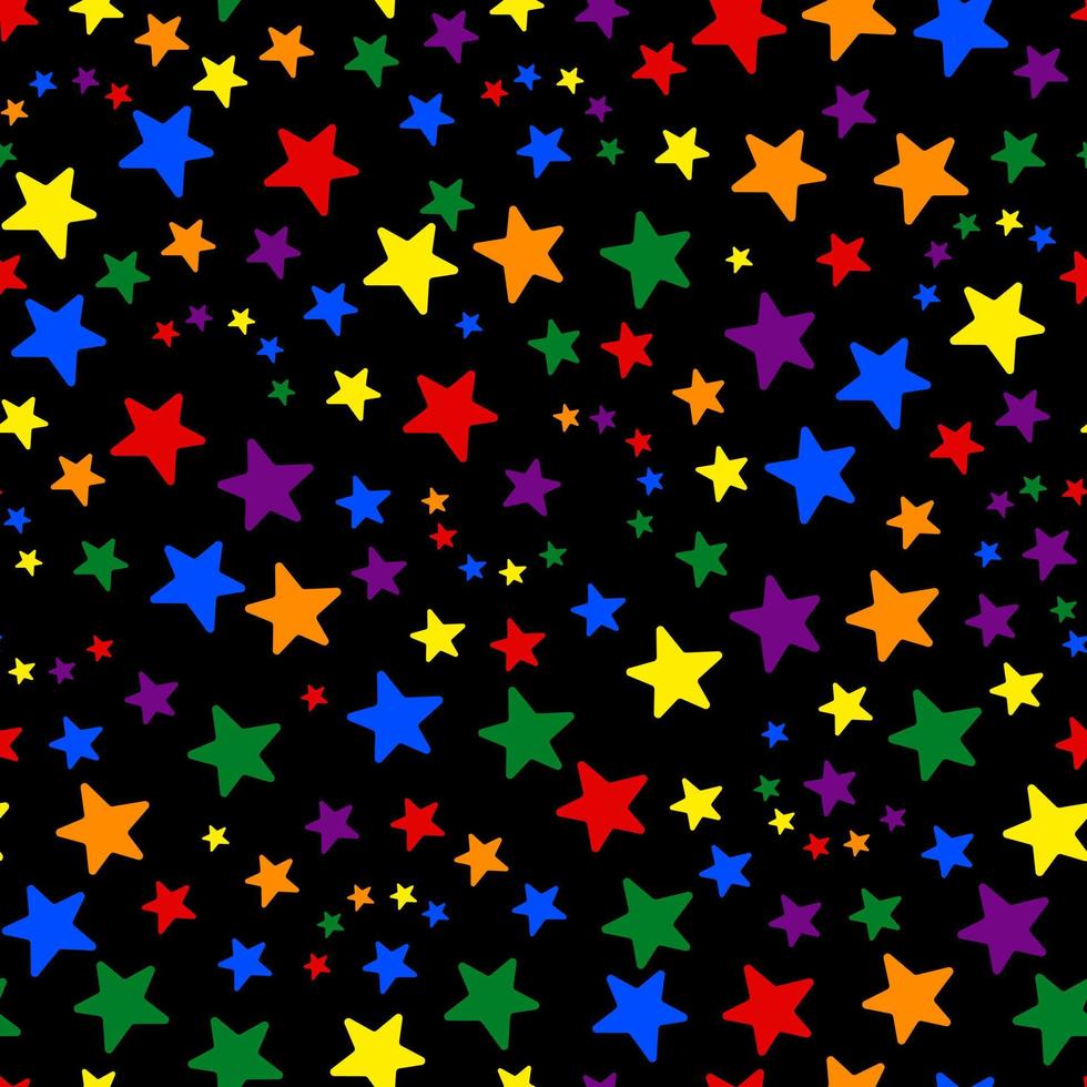 Stars. Colors of the LGBT rainbow flag. Seamless vector pattern. Isolated black background. Flat style. Endless ornament of multi-colored stars.