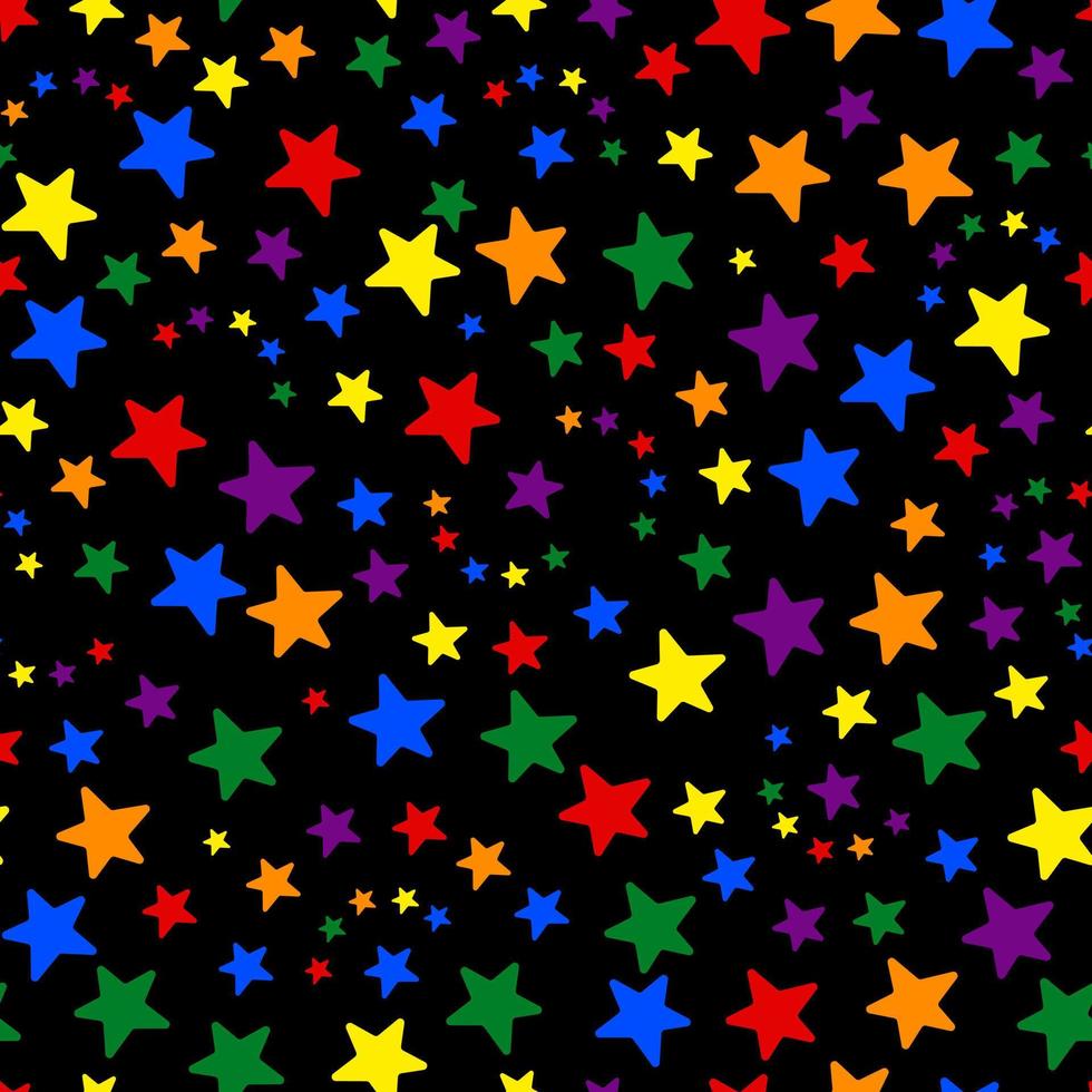 Stars. Colors of the LGBT rainbow flag. Seamless vector pattern. Isolated black background. Flat style. Endless ornament of multi-colored stars.