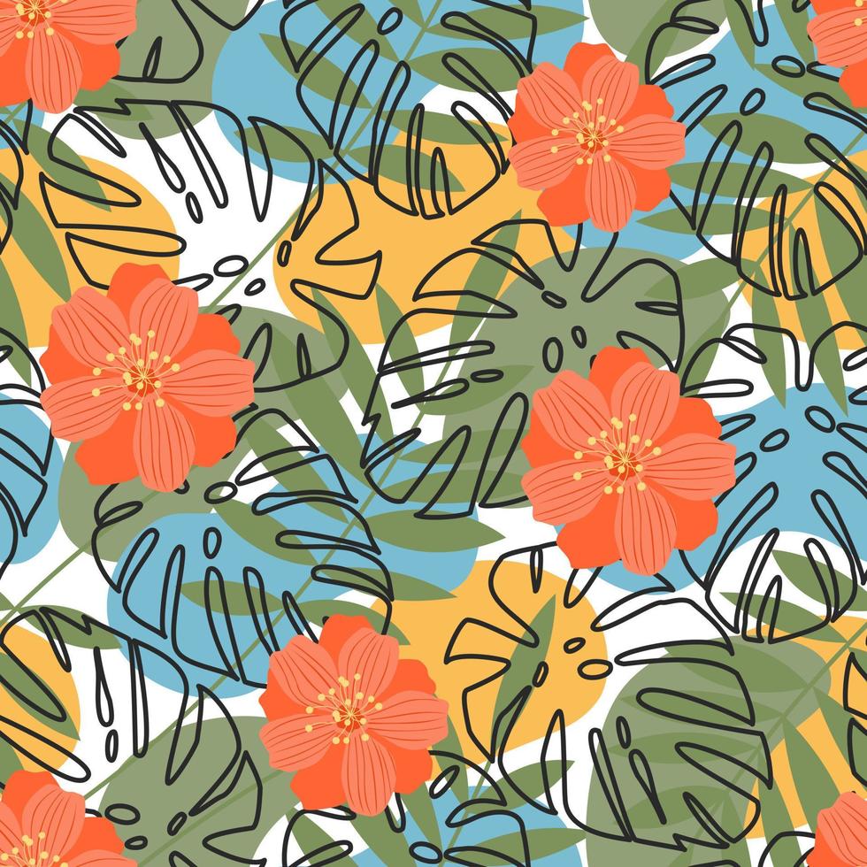 Abstraction from the contours of the leaves of tropical palm trees and flowers with jungle plants. Seamless vector pattern with colorful leaves and flowers in pastel colors. Summer and spring design.