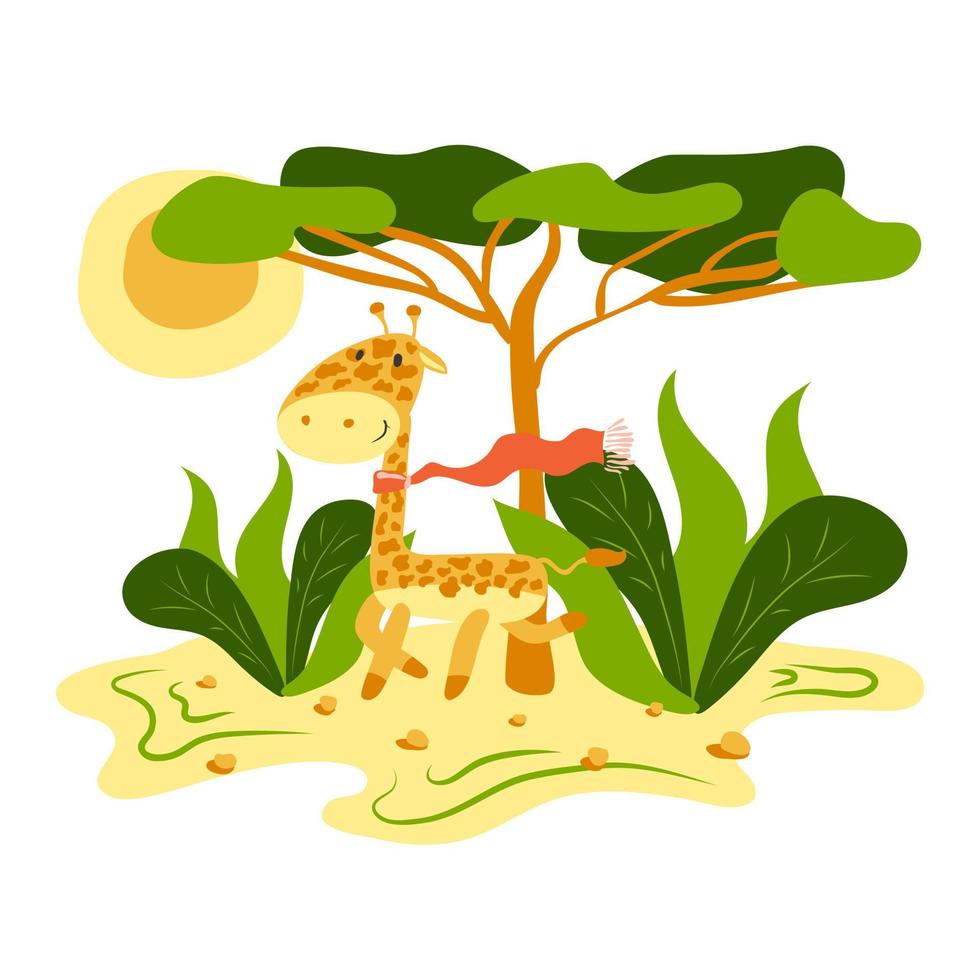 A cute giraffe in a scarf walks in nature. Beautiful cartoon illustration with cute giraffe walks nature. Funny vector illustration. Cute cartoon character. Nature landscape.