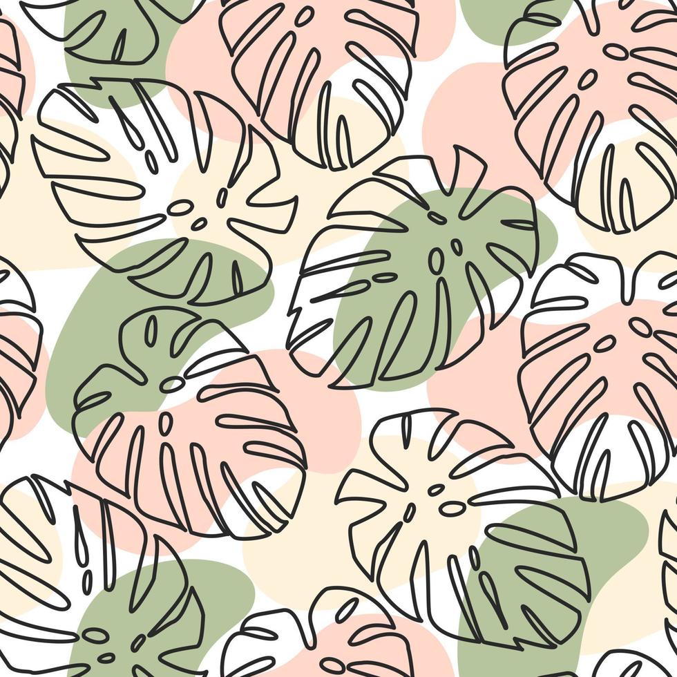 Seamless pattern of black contours of palm leaves and hand drawn spots of beige, pink and green flowers on a white background. Modern pastel template for spring design. vector