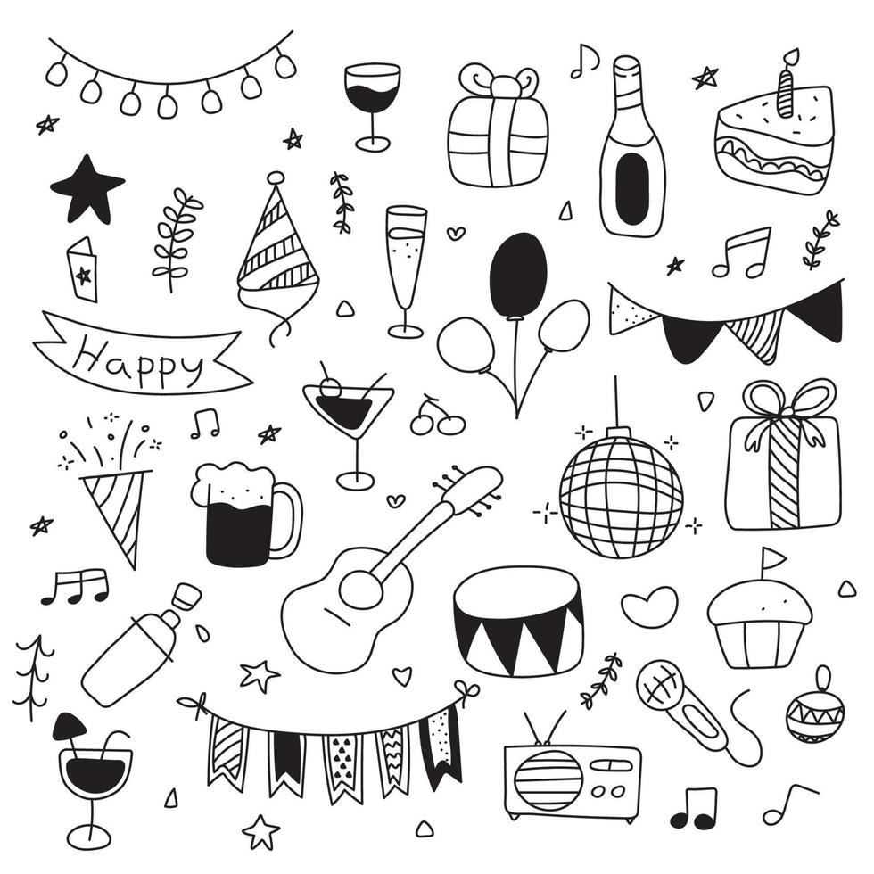 conjunto de iconos de fiesta. dibujado a mano. pu, música, diversión. estructura en blanco y negro. fondo aislado vector
