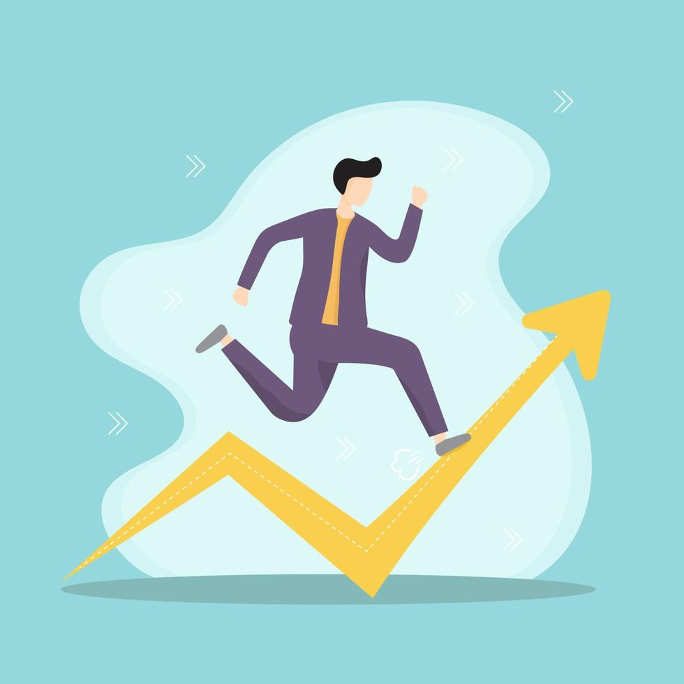 Vector illustration of a man running up an arrow to ascend success. Action. Target.