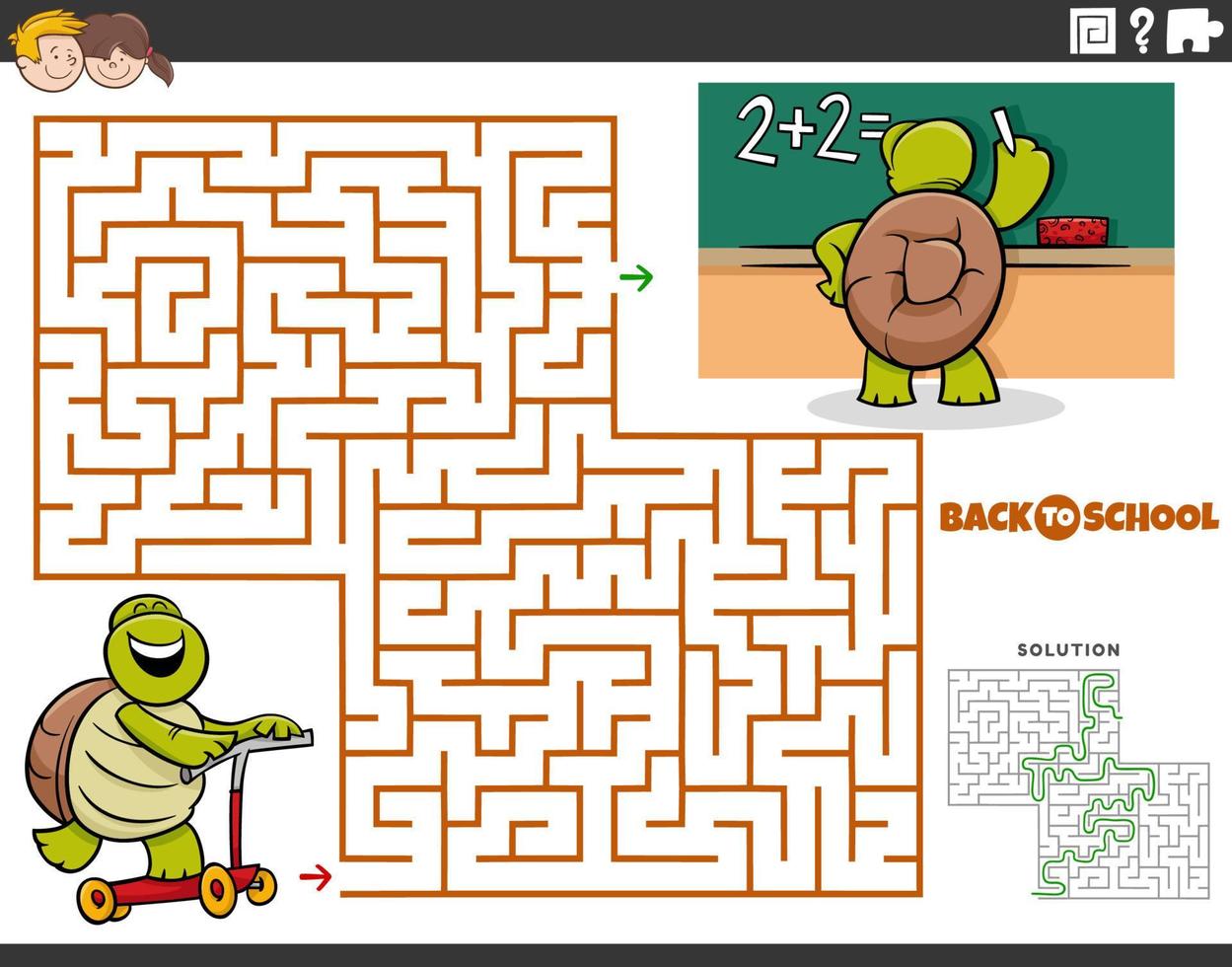 juego de laberinto con tortuga de dibujos animados montando un scooter a la escuela vector