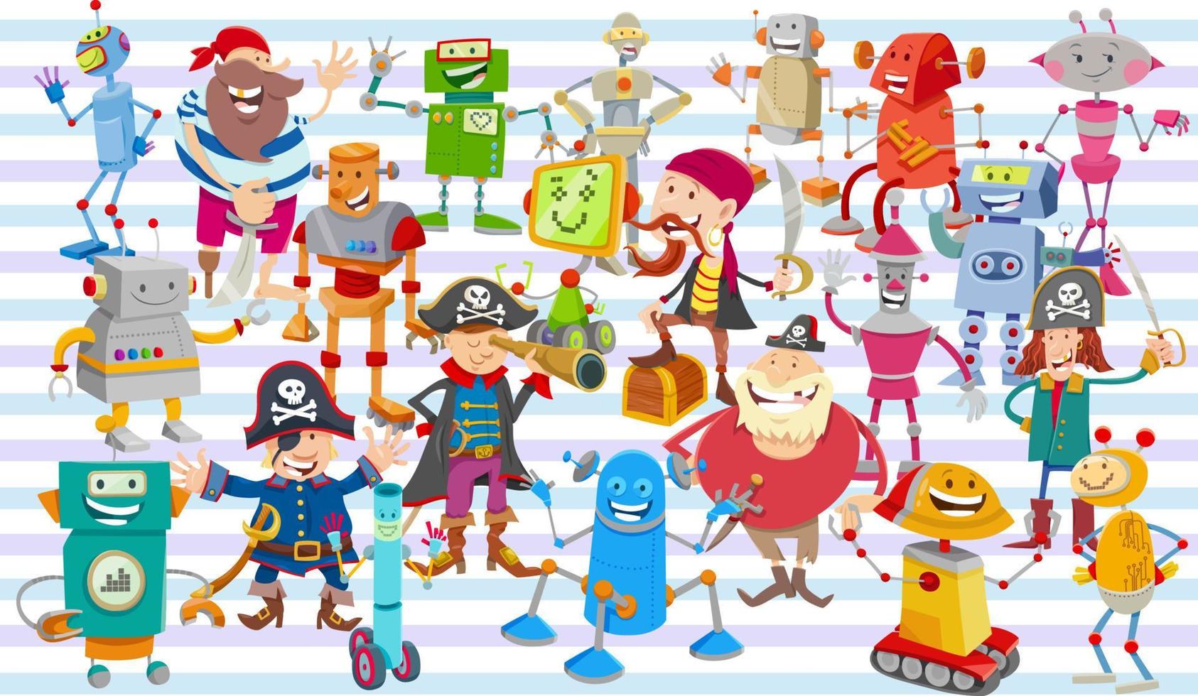 conjunto de robots de dibujos animados y piratas o diseño de paquete de papel vector