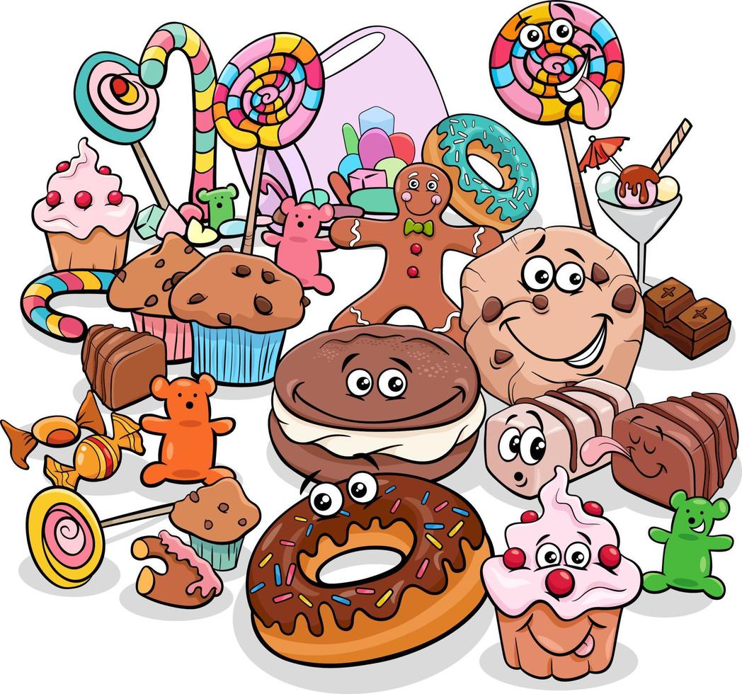 grupo de personajes de objetos de comida dulce de dibujos animados vector