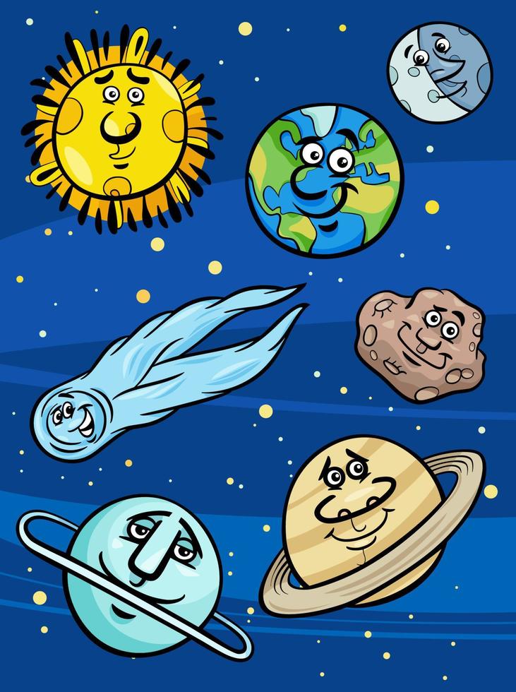 cartoon planets and orbs characters in space vector