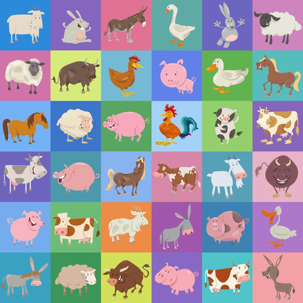 background design with funny cartoon farm animal characters vector