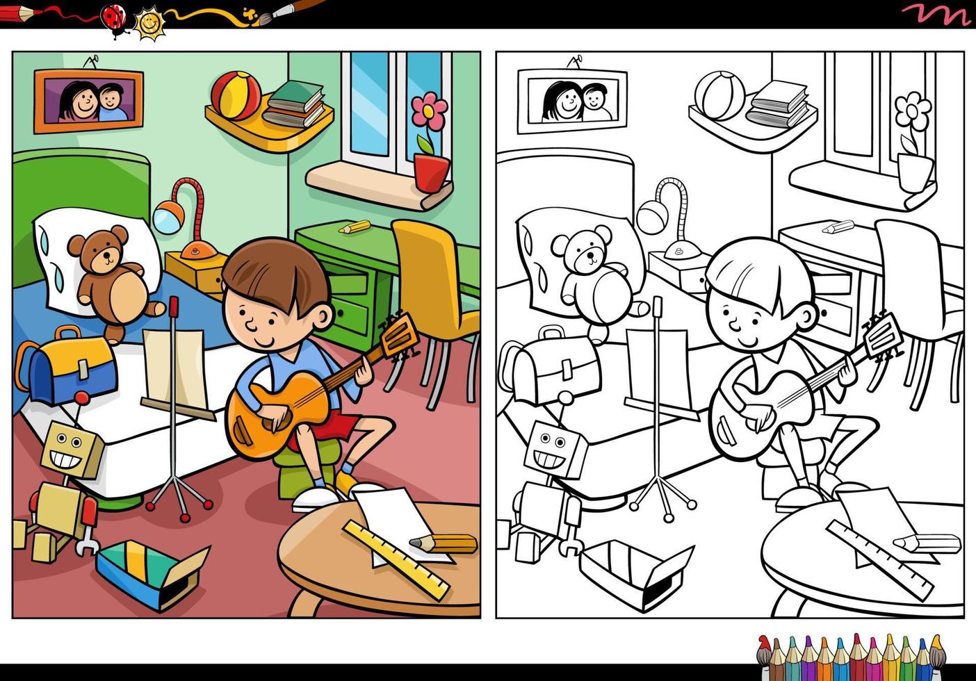 niño de dibujos animados tocando la guitarra en su habitación página para colorear vector